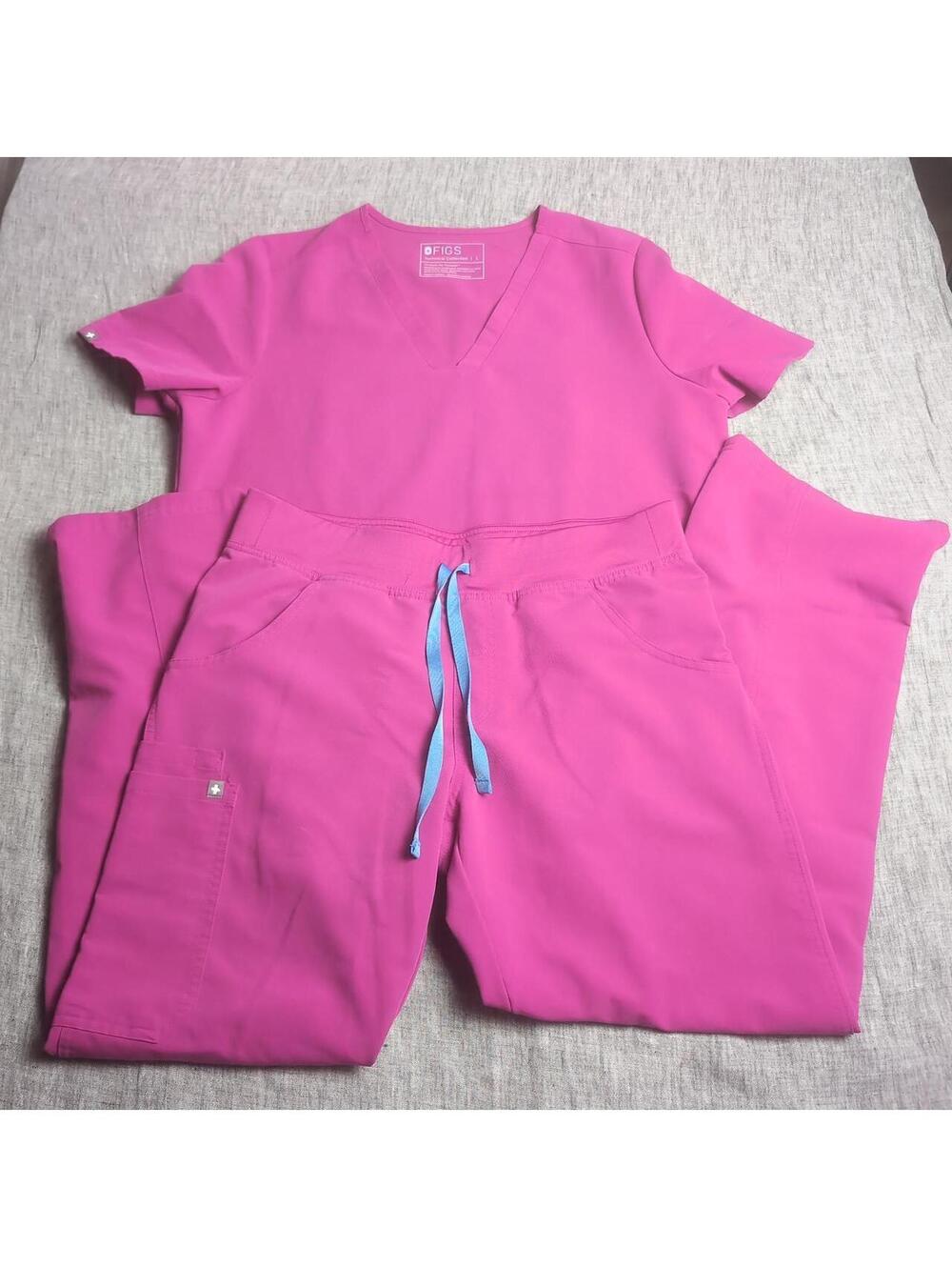 Figs scrub set - Casma top L, Kade pants M/P petite - raspberry sorbet